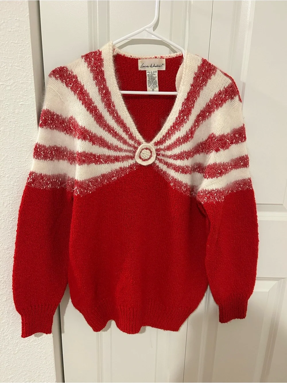 Vintage Laura Winston Red Cream Metallic Sunburst Knit Sweater M 80s 90s